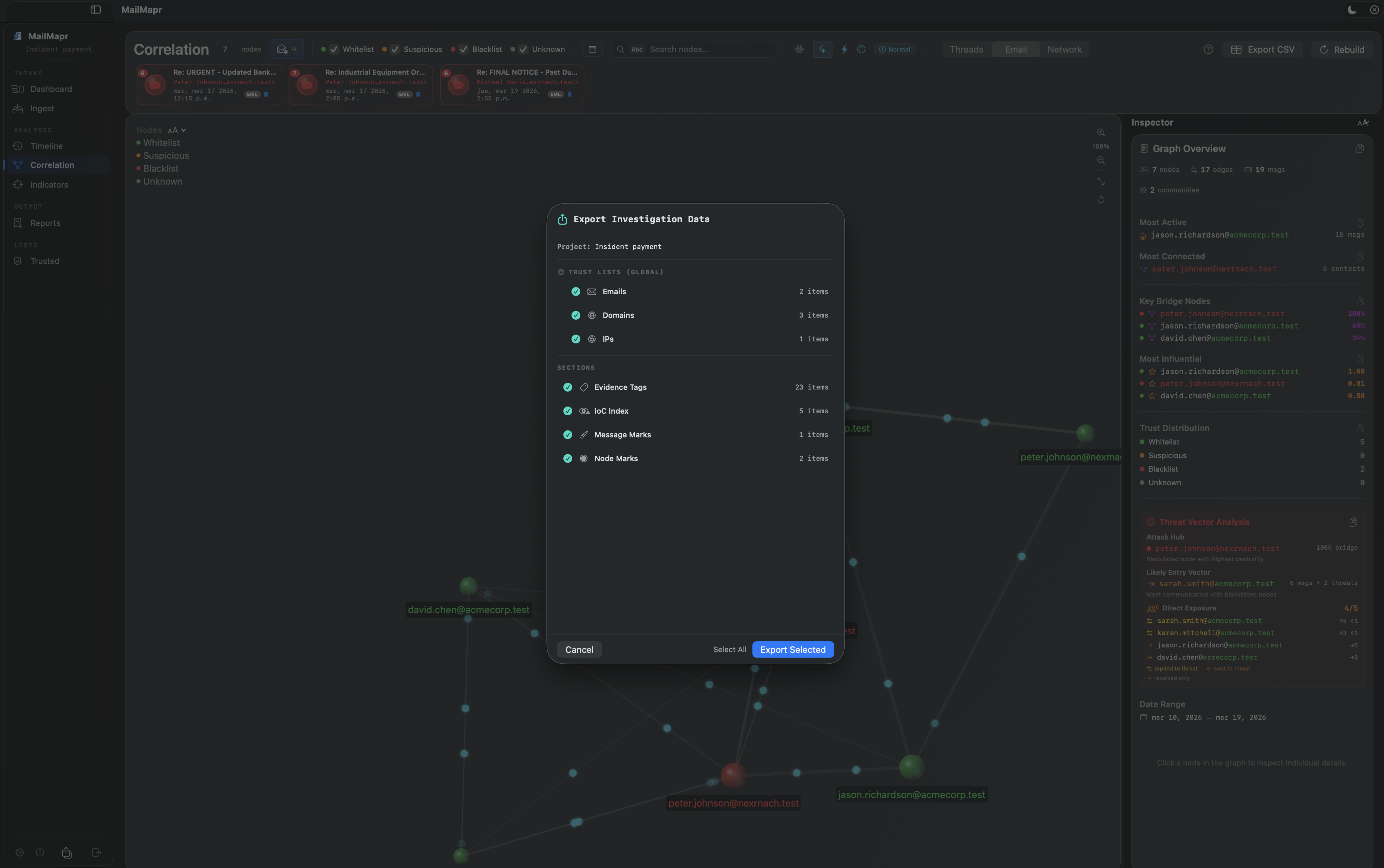 MailMapr Export Investigation Data